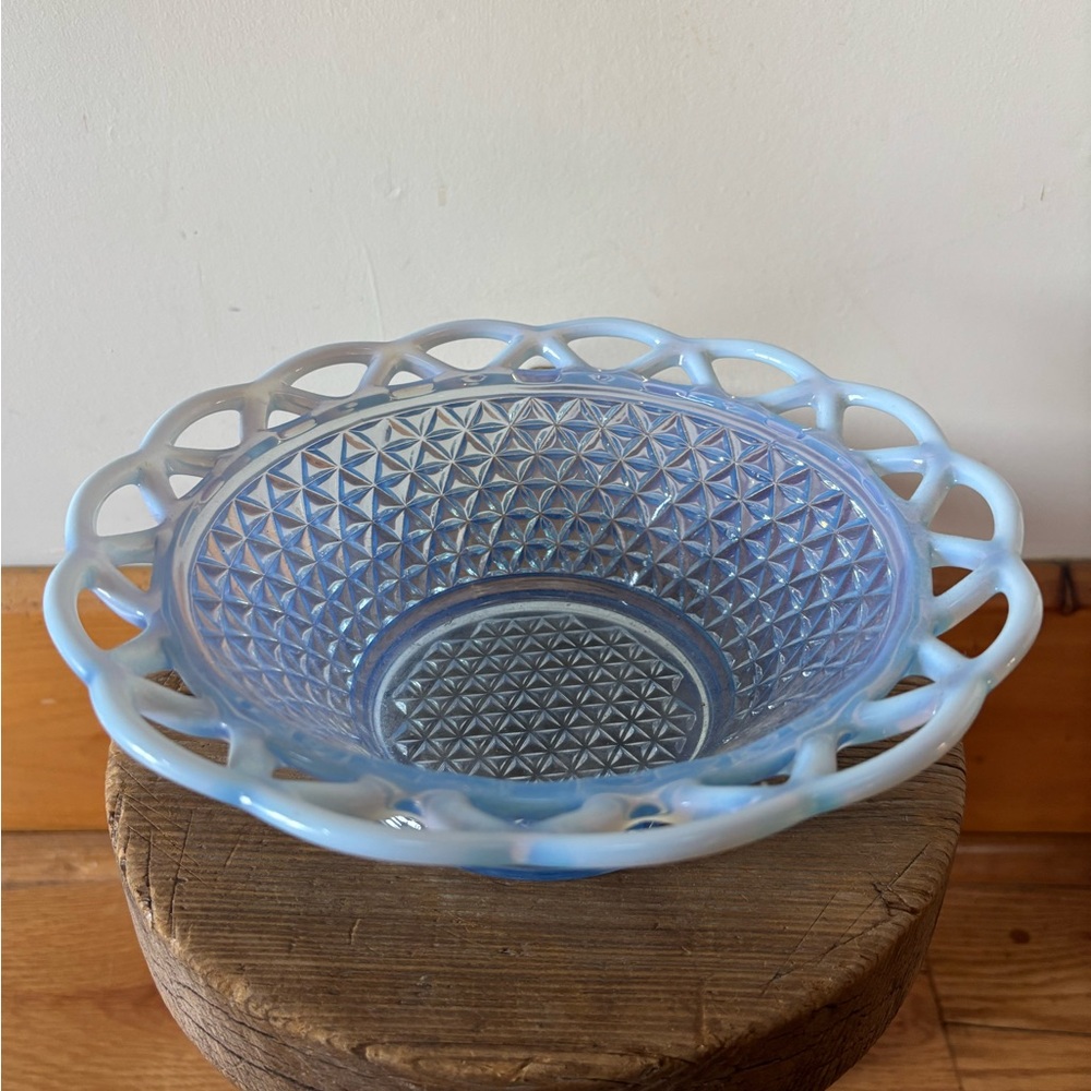 Vintage Imperial Glass Katy Blue Opalescent Laced Edge Bowl
